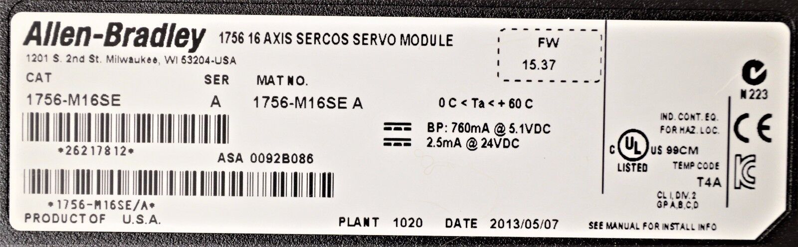 2013 Allen-Bradley 1756-M16SE (1756-M16SE) Sercos Servo Module Firmware 15.37