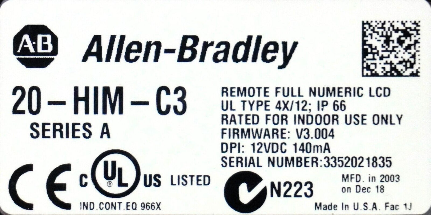 Allen Bradley 20-HIM-C3 Series A Panel Mount Remote HIM W/Cable Tested Good