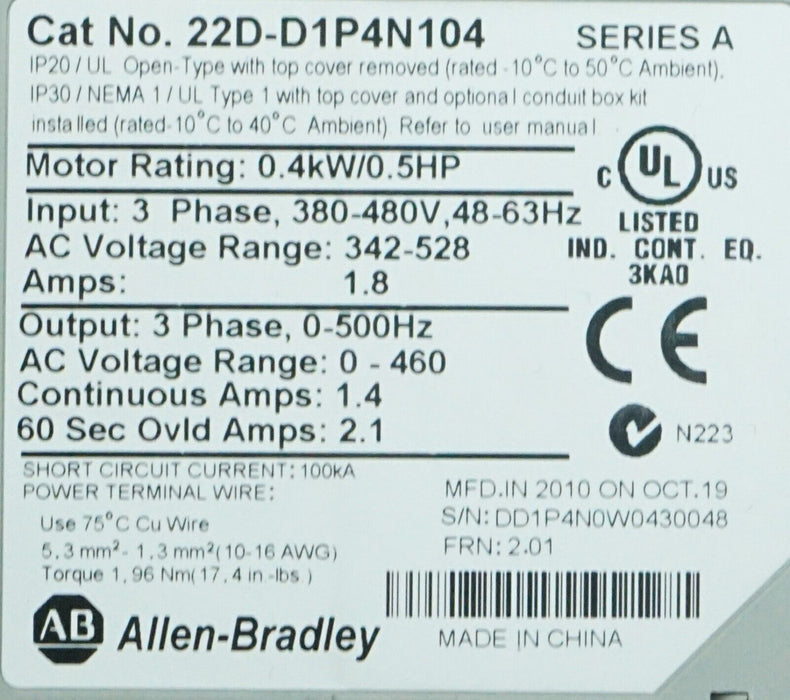 Low Hour Allen Bradley Powerflex 40P 22D-D1P4N104 1/2HP FRN:2.01 Tested Good