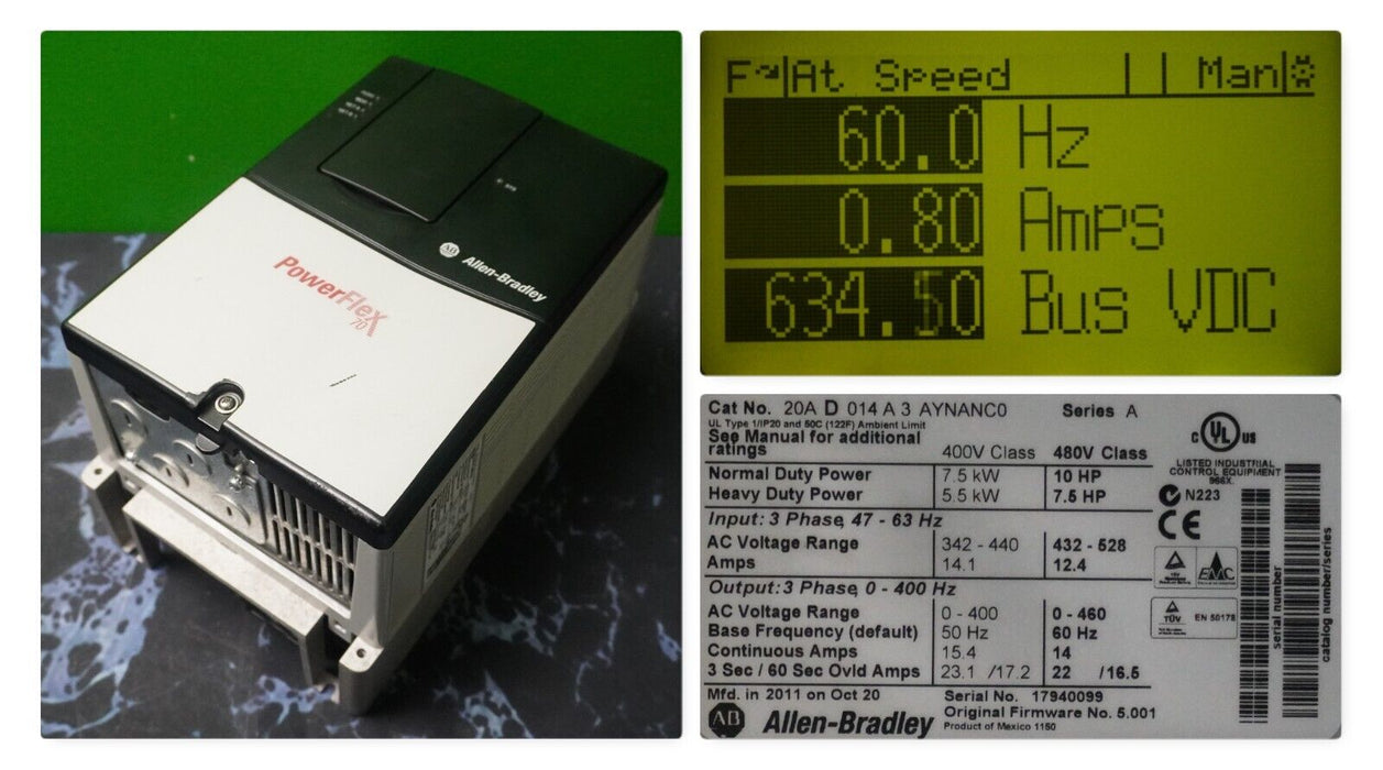 Zero Hr Allen Bradley PowerFlex 70 20AD014A3AYNANC0 Series A 480V 10HP FRN:5.001