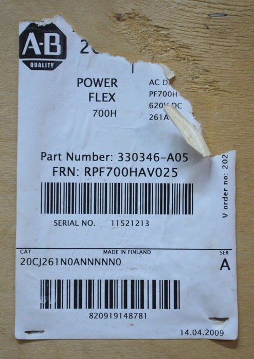 New Allen-Bradley 20CJ261N0ANNNNN0 PowerFlex 700H 200HP 650VDC 261 Amp Ser A