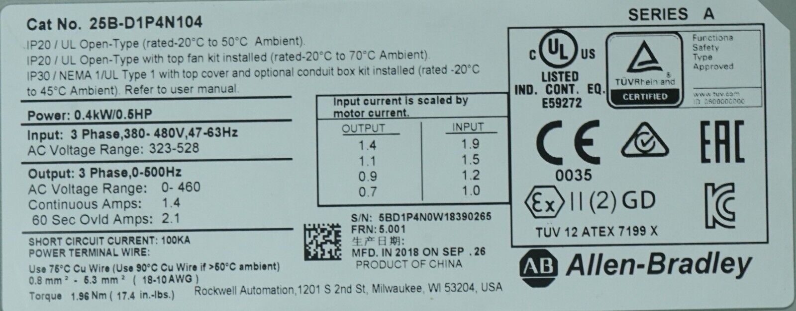 Zero Hr Allen Bradley 25B-D1P4N104 .5HP Powerflex 525 Series A FRN:5.001 Tested