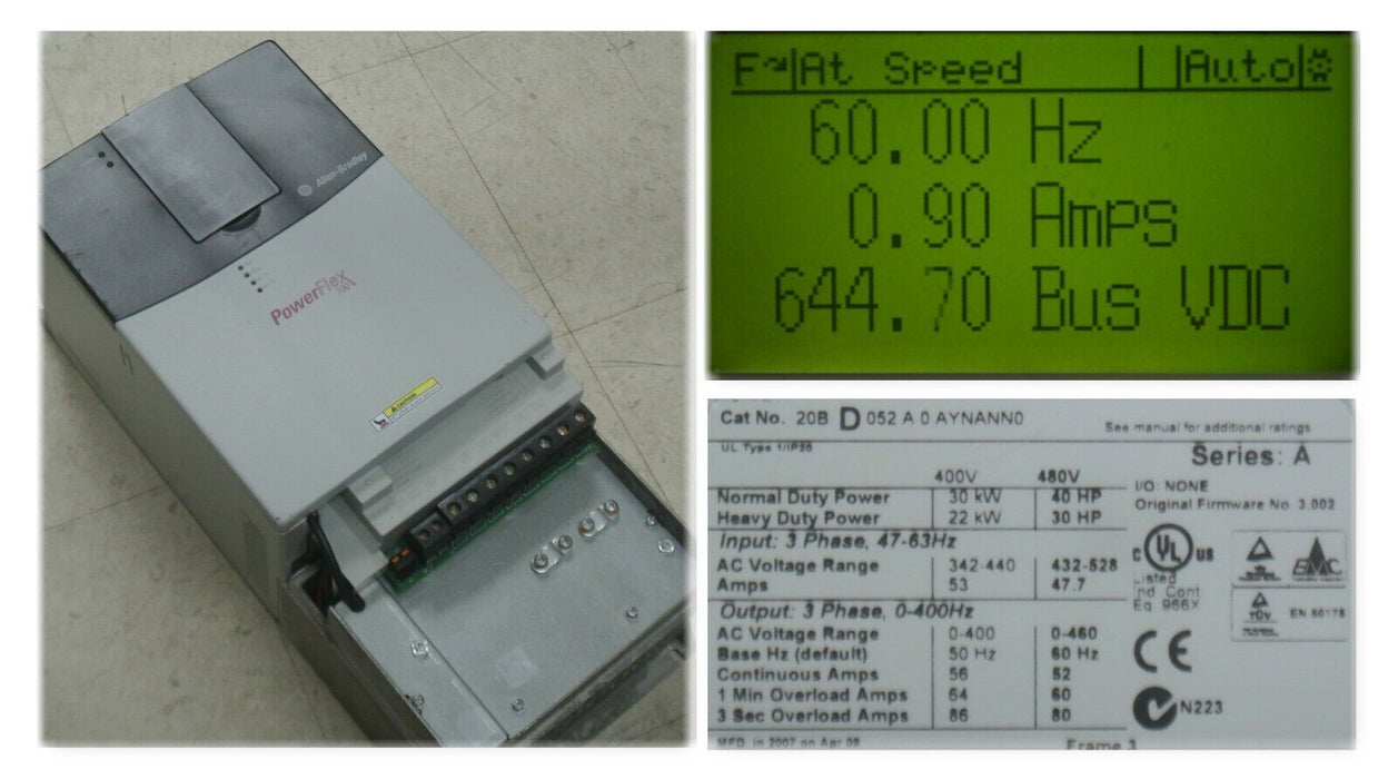 Allen-Bradley PowerFlex 700 40 HP 20BD052A0AYNANN0 480 VAC Series A Tested 3.002