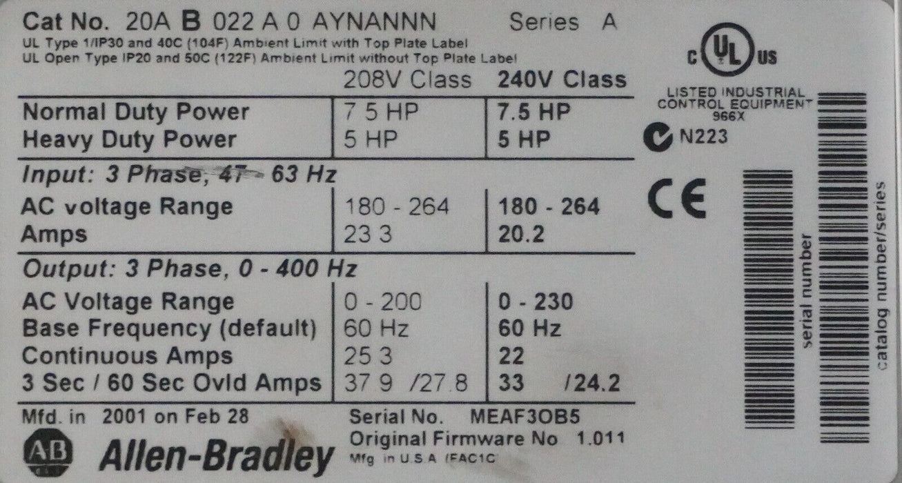 Allen Bradley PowerFlex 70 20AB022A0AYNANNN Series A  240 VAC FRN:1.011