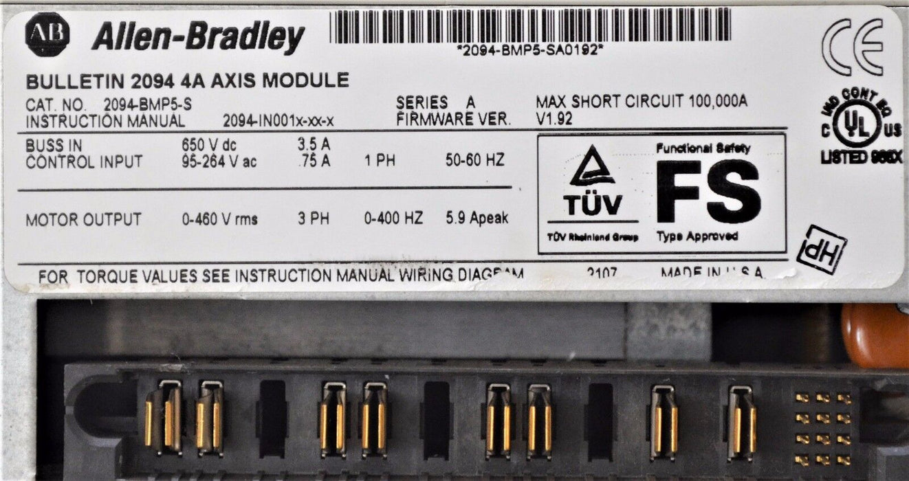 ALLEN-BRADLEY KINETIX 6000 2094-BMP5-S AXIS MODULE 4 AMPS 480 VAC FRN: 1.92