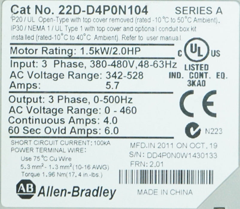 Allen Bradley 22D-D4P0N104 PowerFlex40 Firmware 2.01 Series A Tested Good