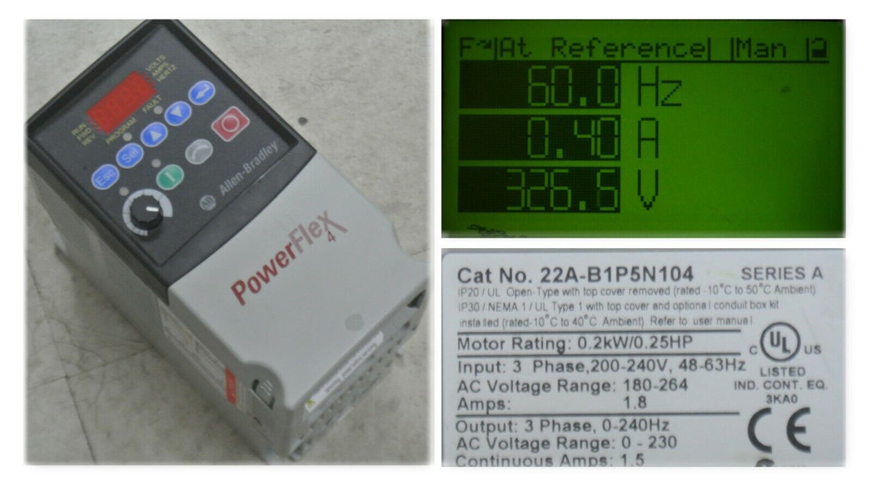 Low Hours Allen Bradley 22A-B1P5N104 /A POWERFLEX 4 AC Drive 1/4HP FRN:4.02