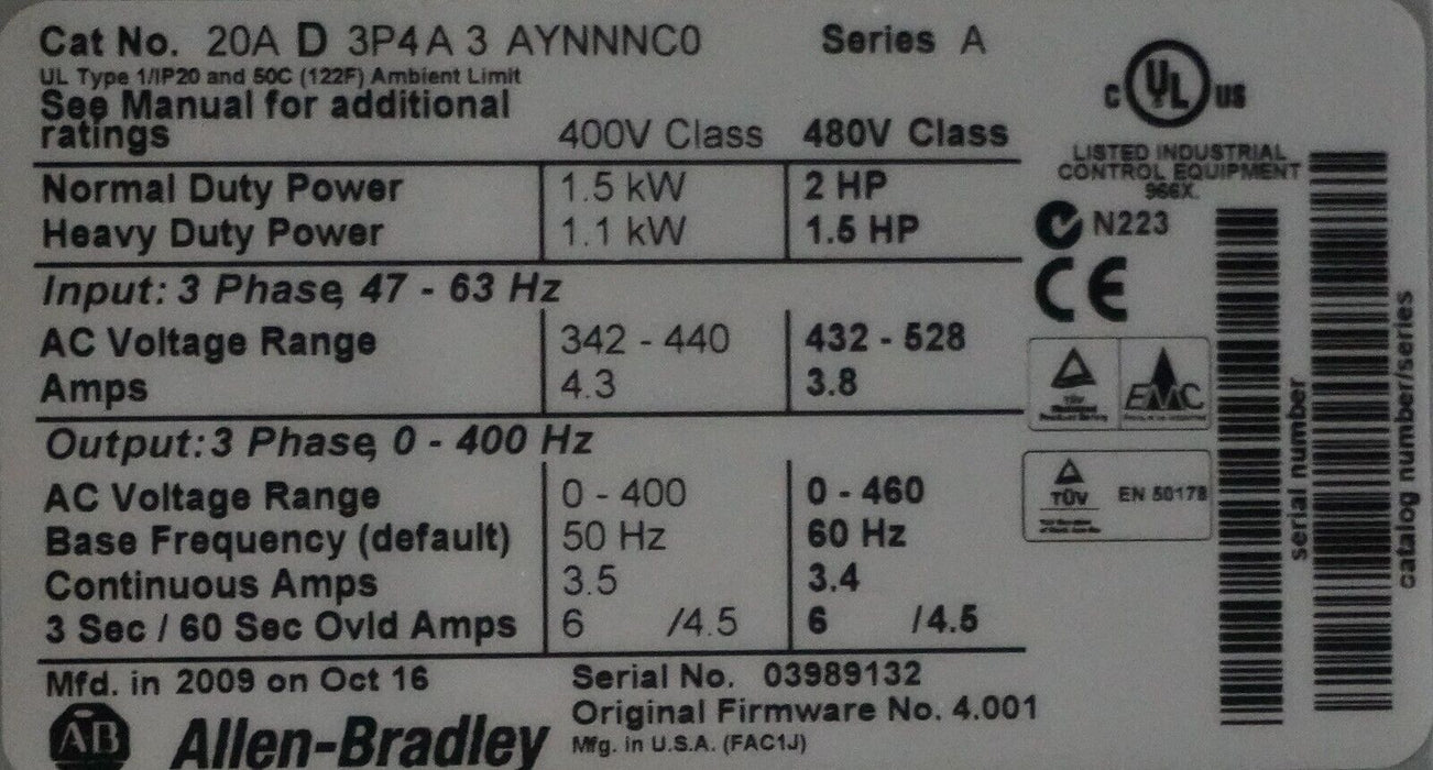 Low Hrs Allen-Bradley PowerFlex 70 2 HP 20AD3P4A3AYNNNC0 480VAC Tested FRN:4.001