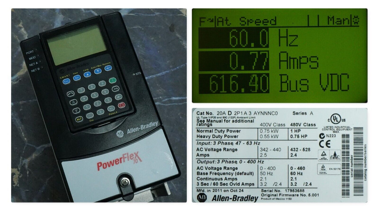 Allen-Bradley 20AD2P1A3AYNNNC0 PowerFlex70 1HP 480VAC FRN:5.001