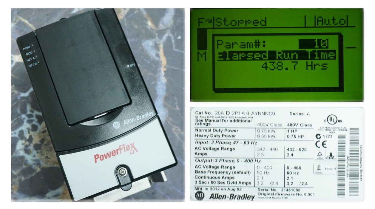 Low Hours Allen-Bradley PowerFlex 70 20AD2P1A0AYNNNC0 Ser. A 1HP FRN 5.001