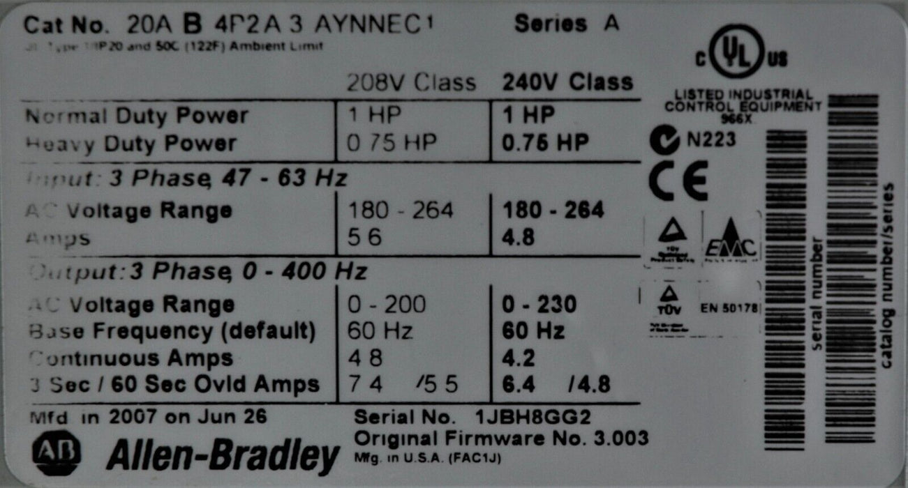 Low Hours Allen-Bradley PowerFlex 70 1 HP 20AB4P2A3AYNNEC1 Ser. A 240V FRN:3.003