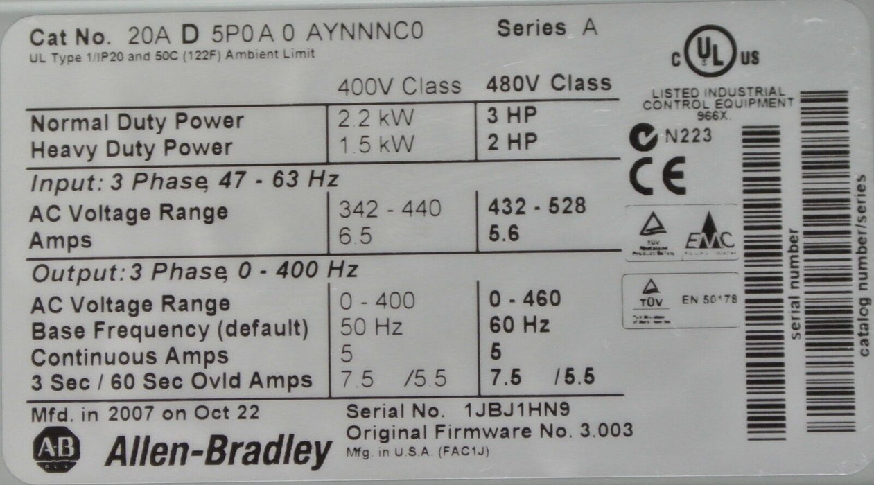 Allen-Bradley PowerFlex 70 3HP 20AD5P0A0AYNNNC0 480VAC Clean Tested Good