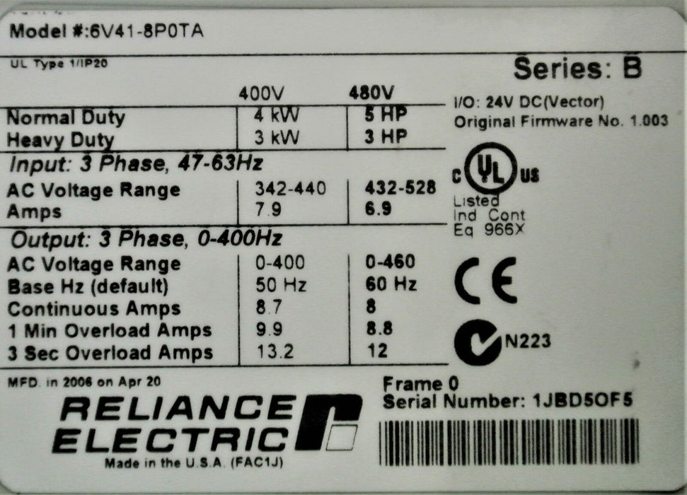 RELIANCE ELECTRIC GV6000  6V41-8P0TA  5 HP 480 VAC VER 1.003 Tested Core Only