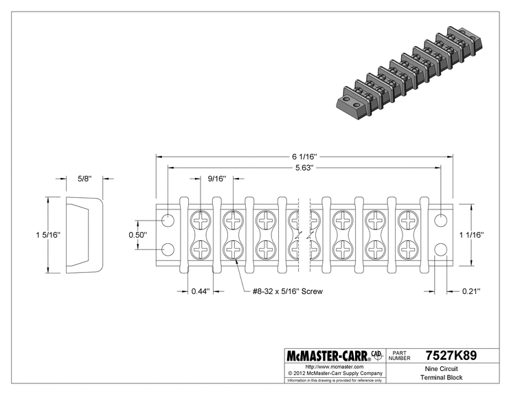 Set of 2 McMaster-Carr 9 Circuit Terminal Block 300V AC/ DC. 9/16"