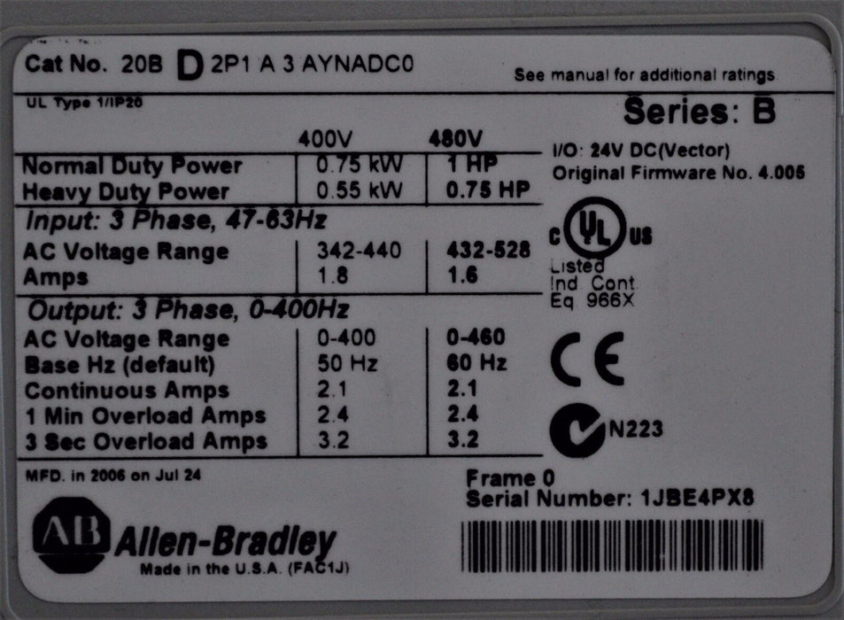 New Allen-Bradley PowerFlex 700 1 HP 20BD2P1A3AYNADC0 480 VAC With HIM,20-COMM-D