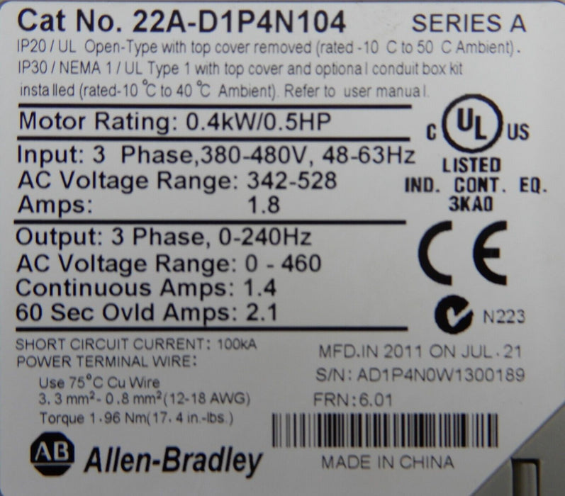 2011 Allen Bradley PowerFlex 4 1/2HP 22A-D1P4N104 Series A Tested Good FRN: 6.01