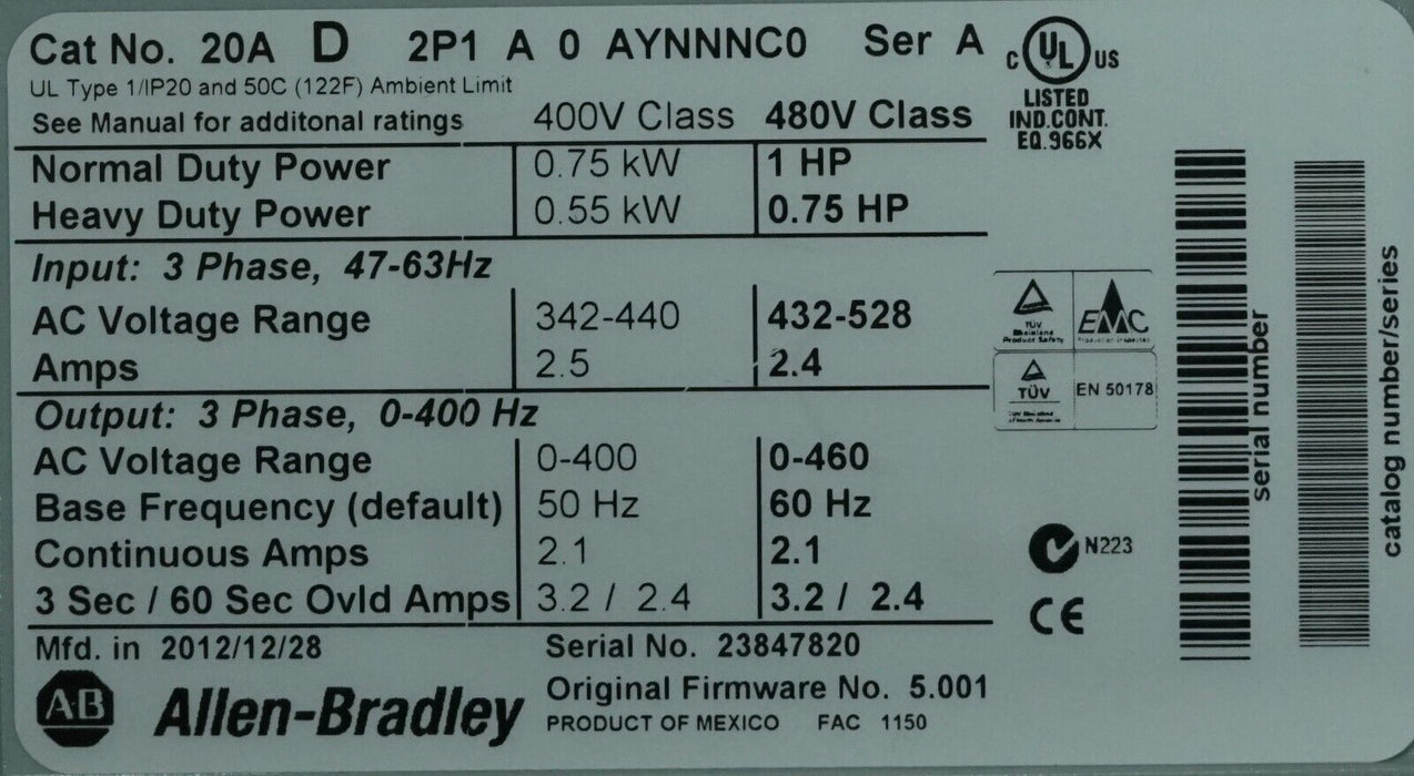 Low Hrs Allen-Bradley 20AD2P1A0AYNNNC0 PowerFlex70 1HP Ser. A FRN:5.001 Tested