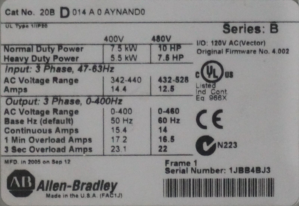 Allen-Bradley PowerFlex 700 10HP 20BD014A0AYNAND0 480VAC FRN:4.002 Tested Good