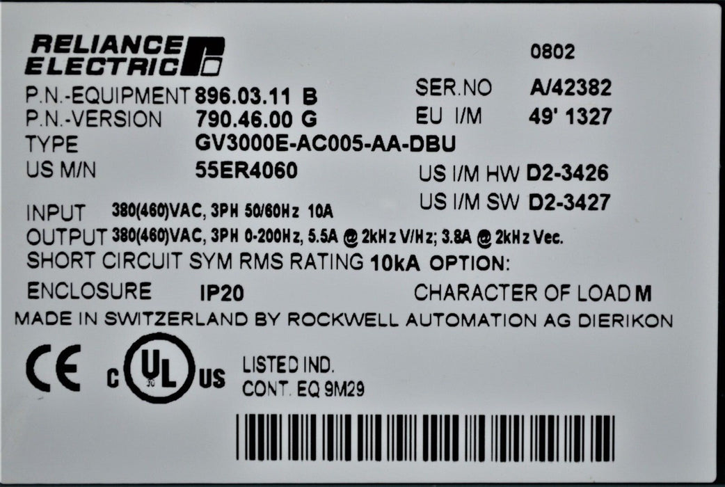 Reliance GV3000E-AC005-AA-DBU 55ER4060 AC Drive 380/460VAC 3-PHASE Tested Good