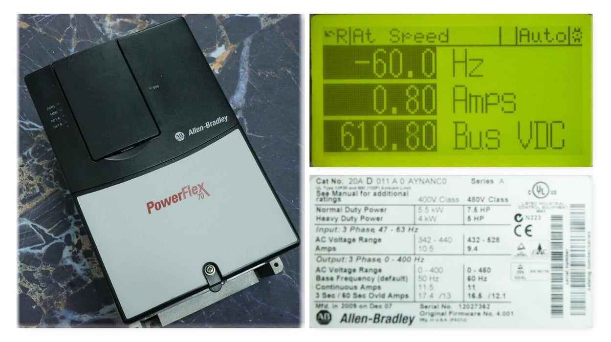 Low Hours Allen Bradley PowerFlex 70 7.5HP 20AD011A0AYNANC0 480VAC Tested Good