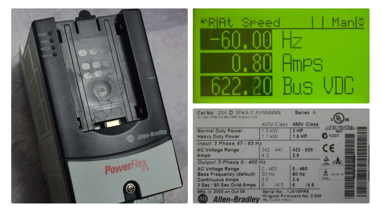 2004 Allen-Bradley PowerFlex 70 2 HP 20AD3P4A0AYNNNNN 480 VAC 3.4 Amp FRN 2.008