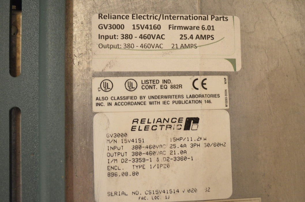 RELIANCE ELECTRIC GV3000 15 HP 15V4160 VER. 6.01 AC DRIVE CLEAN TESTED OK