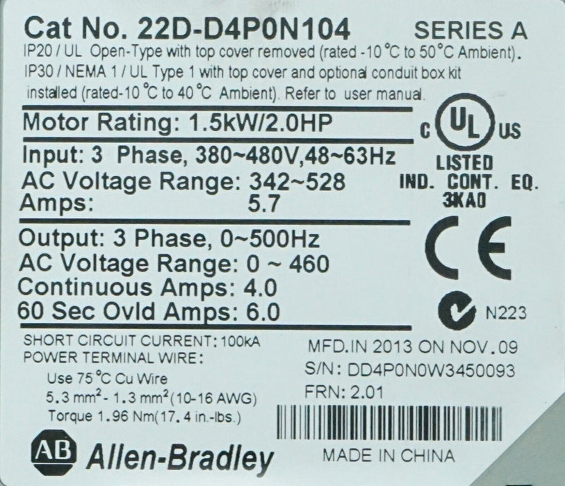 Allen Bradley 22D-D4P0N104 PowerFlex40 2HP Series A 480 VAC FRN:2.01