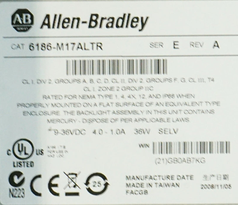 Allen-Bradley 6186-M17ALTR VersaView 1700M Touch Monitor 17" 12/24VDC    (C)