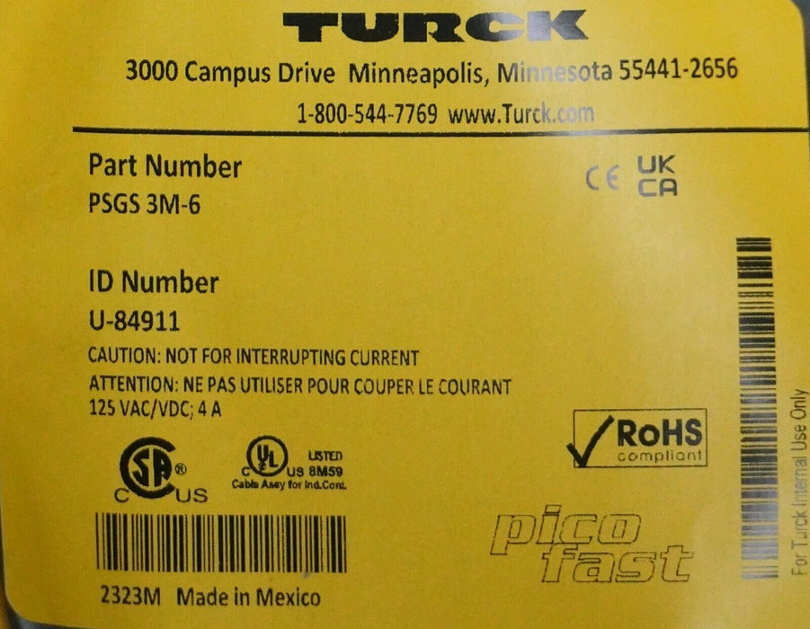 NEW Turck Picofast 3-Pin Sensor Cables PSGS 3M-6