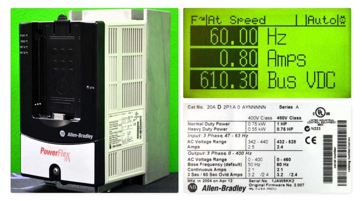 Allen-Bradley PowerFlex 70 20AD2P1A0AYNNNNN 1 HP 480VAC FRN: 2.007