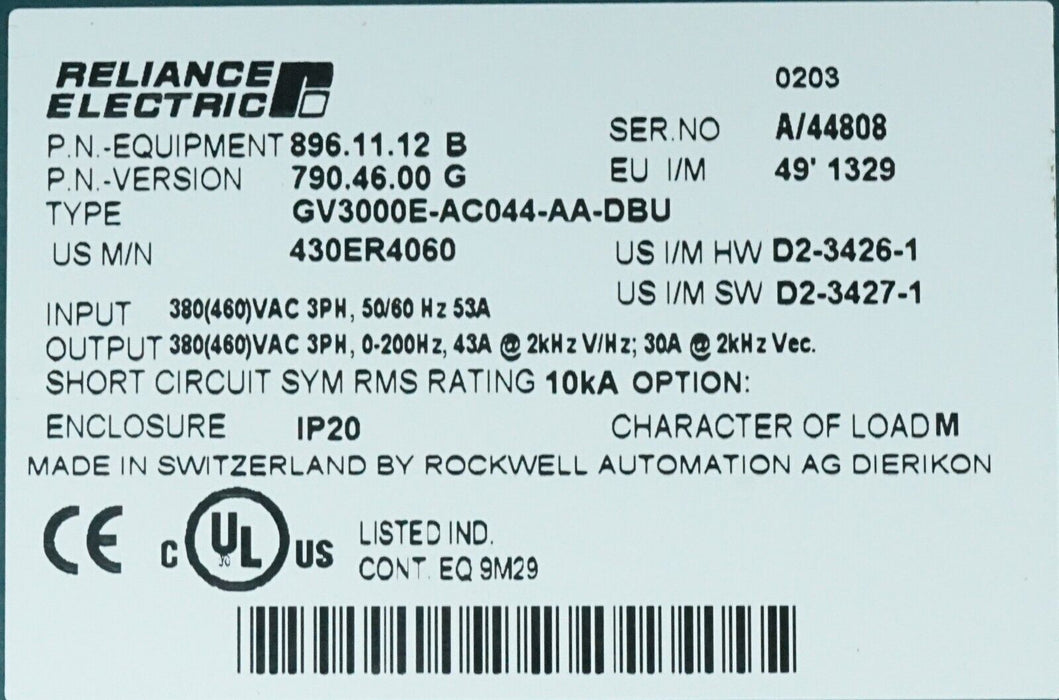 Reliance GV3000E-AC044-AA-DBU FRN:6.07 AC DRIVE 480 VAC TESTED GOOD