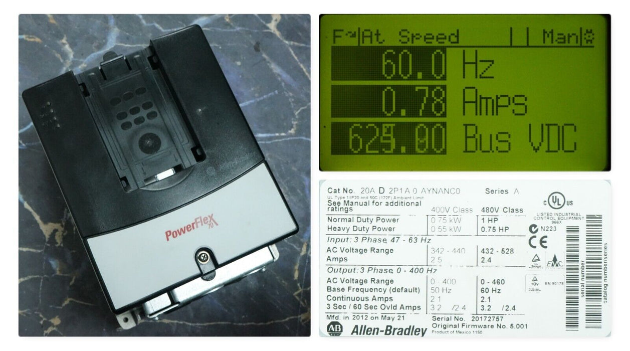 Low Hrs Allen-Bradley 20AD2P1A0AYNANC0 PowerFlex 70 1 HP 480 VAC FRN 5.001