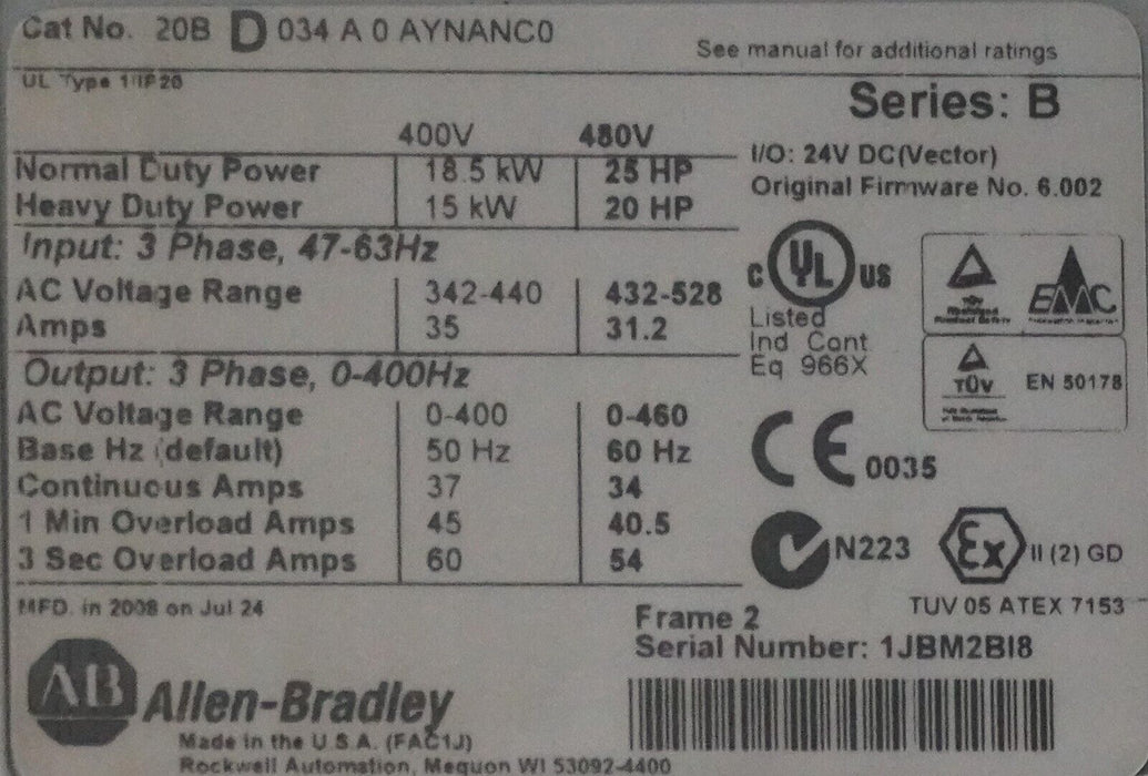 Low Hours Allen-Bradley 20BD034A0AYNANC0 25HP 480V Powerflex 700 FRN:6.002