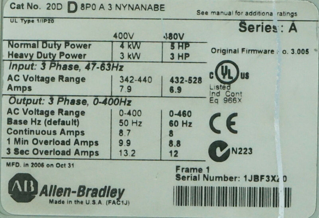 Low Hours Allen Bradley Powerflex 700S 20DD8P0A3EYNAEABE 5HP Stegman FRN: 3.005