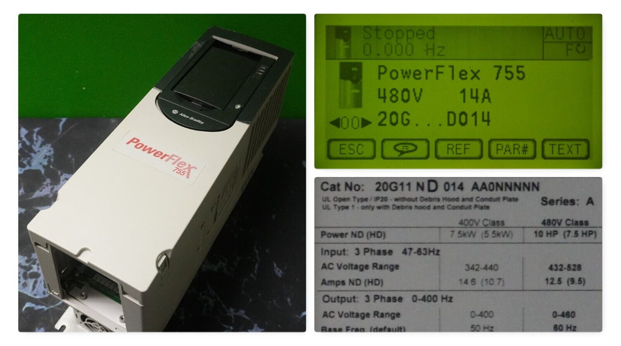 Allen-Bradley 20G11ND014AA0NNNNN PowerFlex 755 VFD 10HP SER A FRN:9.001