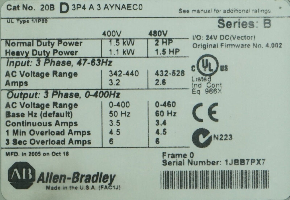 Allen Bradley PowerFlex 700 2HP 20BD3P4A3AYNAEC0 480VAC Tested FRN:4.002