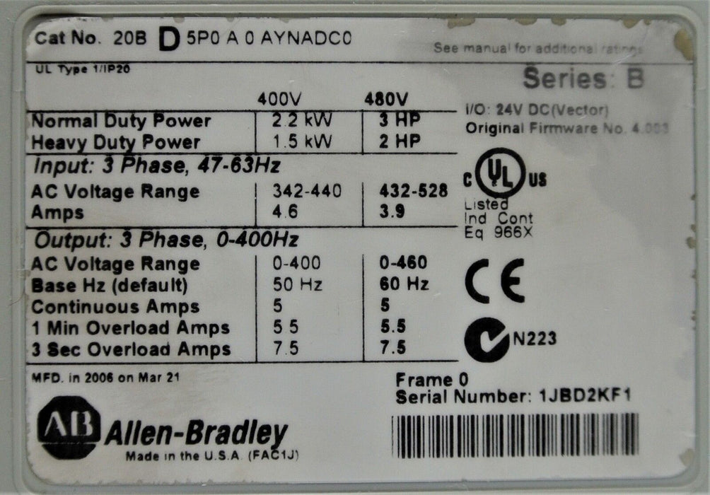 Allen-Bradley PowerFlex 700 20BD5P0A0AYNADC0 3 HP SER B, 480 V  | Tested Good