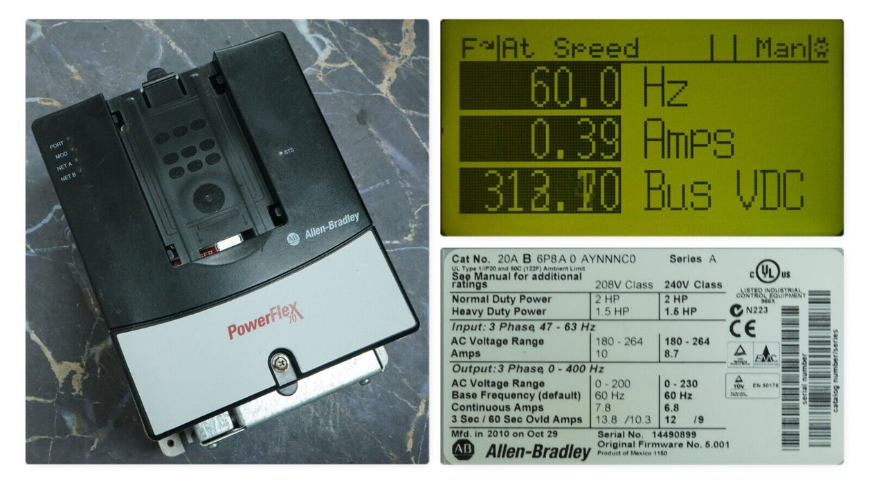 Allen-Bradley PowerFlex 70 2HP 20AB6P8A0AYNNNC0 FRN:5.001 Tested Good