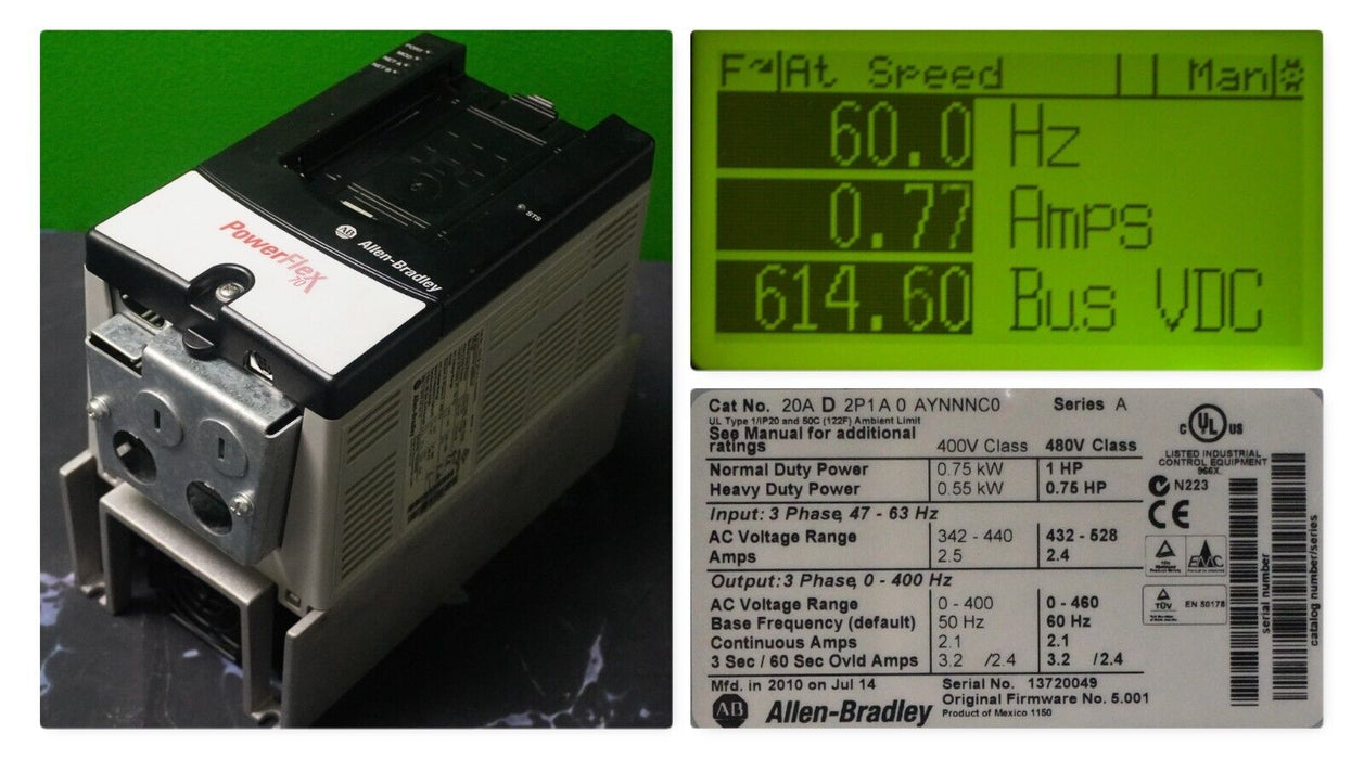 Allen-Bradley PowerFlex 70 1 HP 20AD2P1A0AYNNNC0 FRN 5.001 480V Tested Good