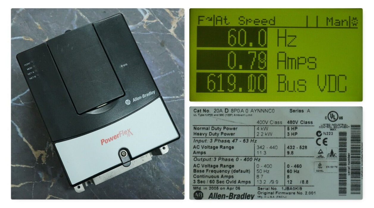 Allen Bradley PowerFlex 70 5HP 20AD8P0A0AYNNNC0 480VAC FRN:2.001 Tested Good