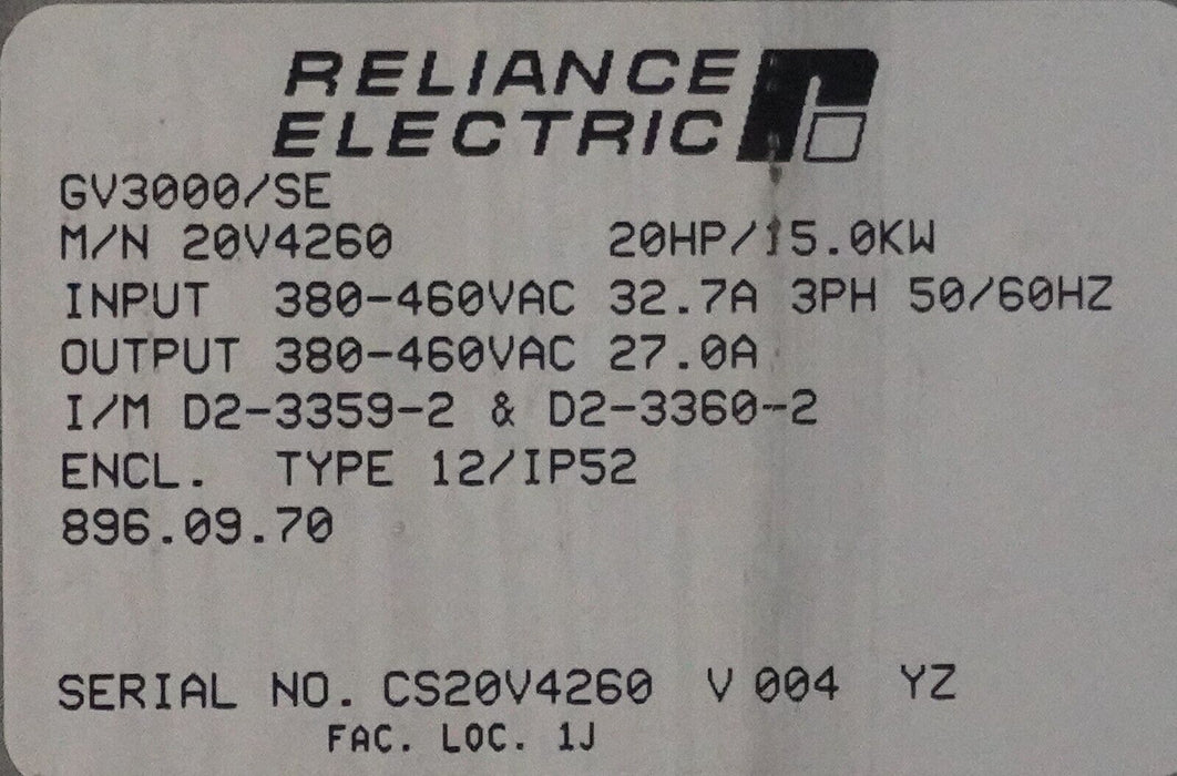 RELIANCE ELECTRIC GV3000/SE 20 HP 20V4260 SENSORLESS Enhanced Tested Good