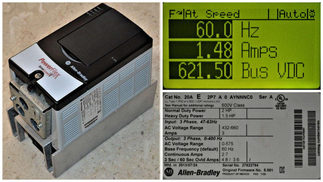 2013 Allen-Bradley PowerFlex 70 2 HP 20AE2P7A0AYNNNC0 600VAC Tested Good