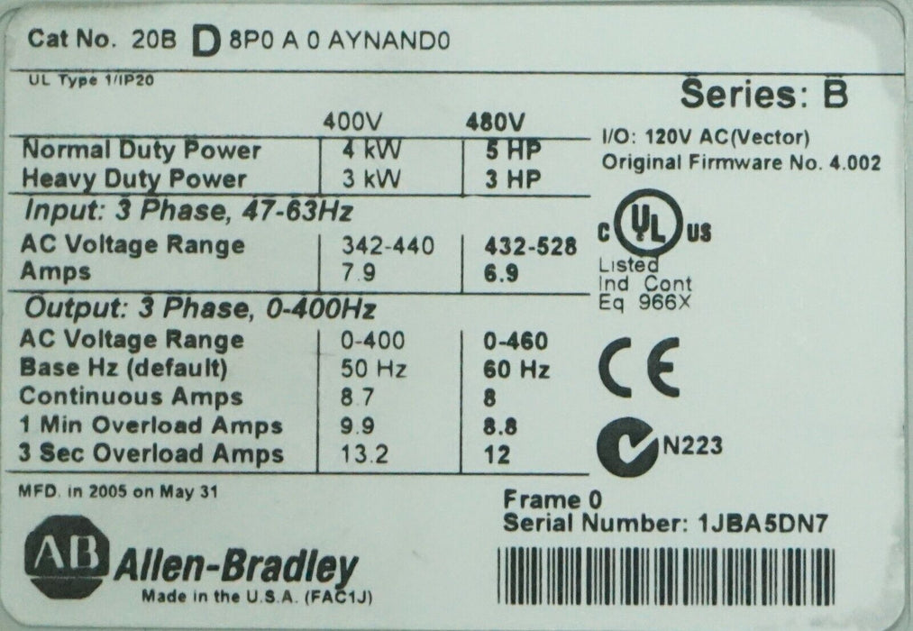 Allen-Bradley PowerFlex 700 5 HP 20BD8P0A0AYNAND0 480 VAC Tested Good FRN:4.006