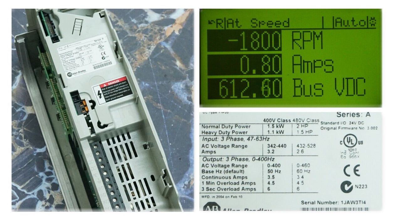 Low Hours Allen-Bradley PowerFlex 700 2HP 20BC3P5A0AYNANC0 400 VAC FRN:3.002