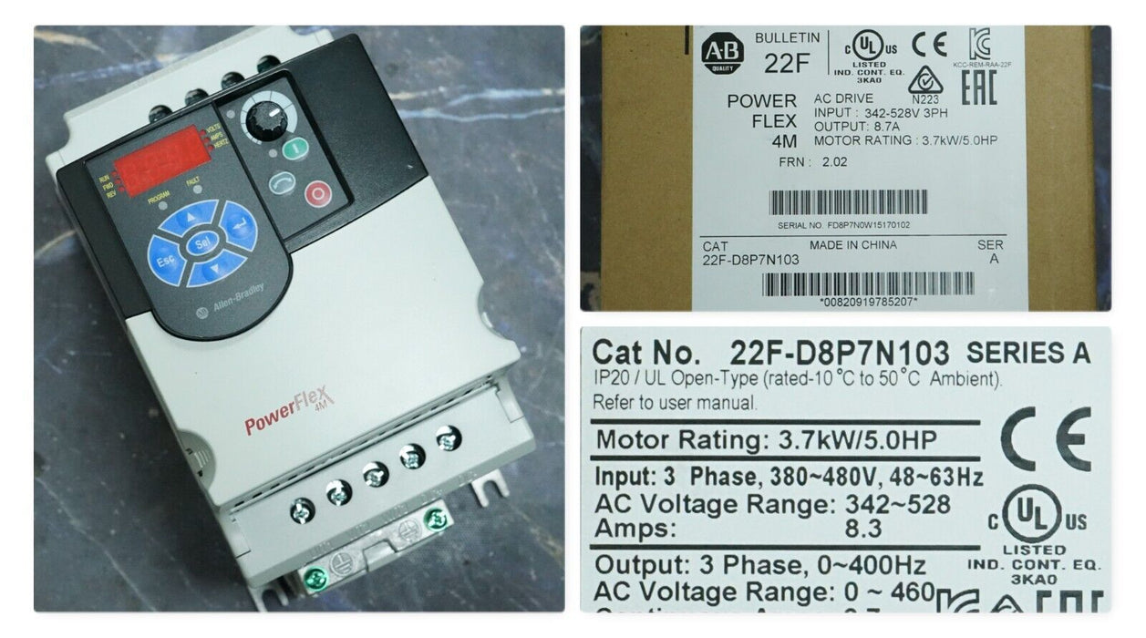 New Allen-Bradley 22F-D8P7N103 Series A PowerFlex 4M AC Drive 3-P 5HP FRN:2.02