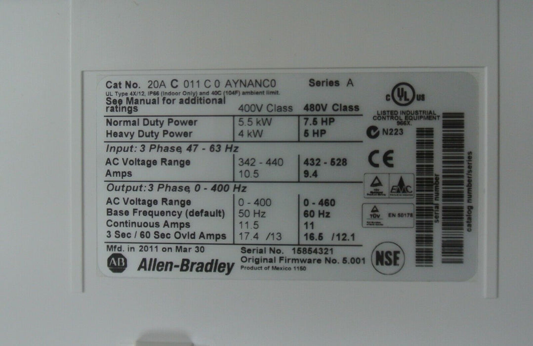 Zero Hours Allen-Bradley 20AC011C0AYNANC0 7.5HP 400V Powerflex 70 FRN 5.001 **