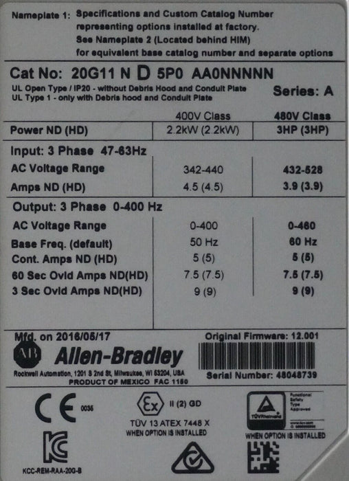 Allen-Bradley 20G11ND5P0AA0NNNNN PowerFlex 755 VFD 2 HP Series A FRN:12.001