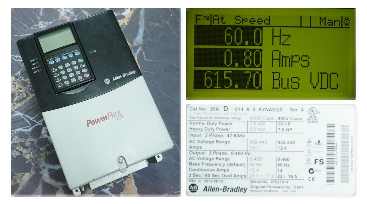 Low Run Hours Allen-Bradley PowerFlex 70 10HP 20AD014A3AYNAEG0 480VAC FRN:5.001