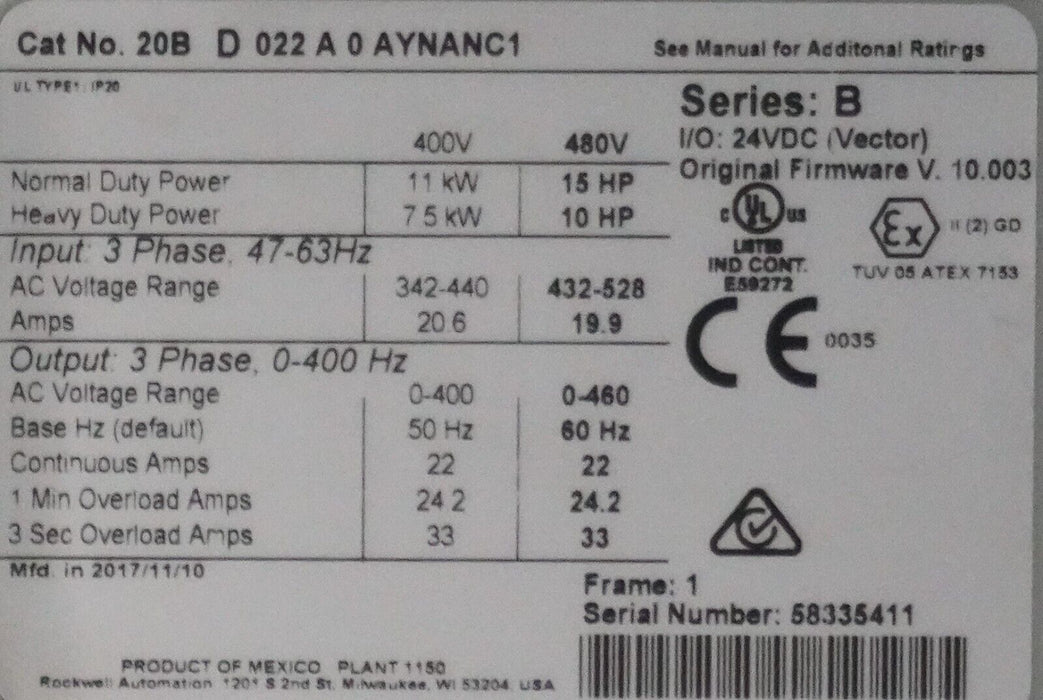 Low Hrs Allen-Bradley PowerFlex 700 20BD022A0AYNANC1 15HP FRN:10.003 Tested Good