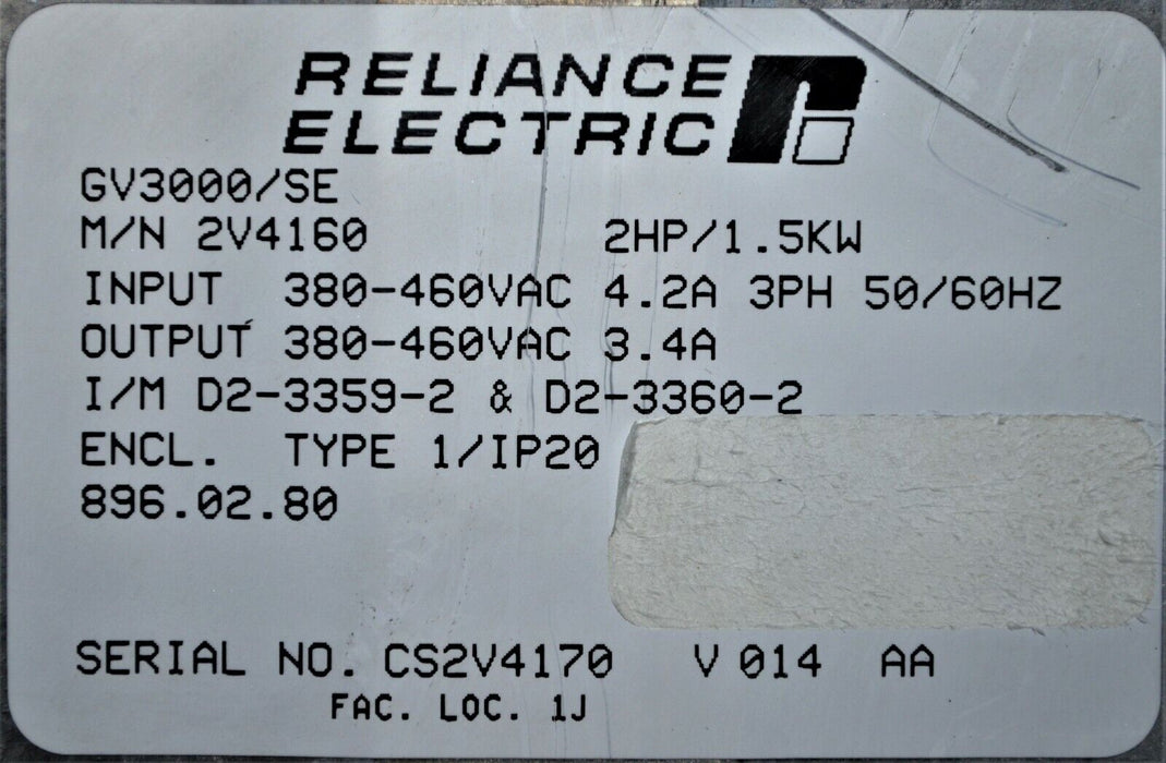 Reliance Electric GV3000 2V4160 SE Vector 2 HP V. 6.01 Inverter Drive Tested